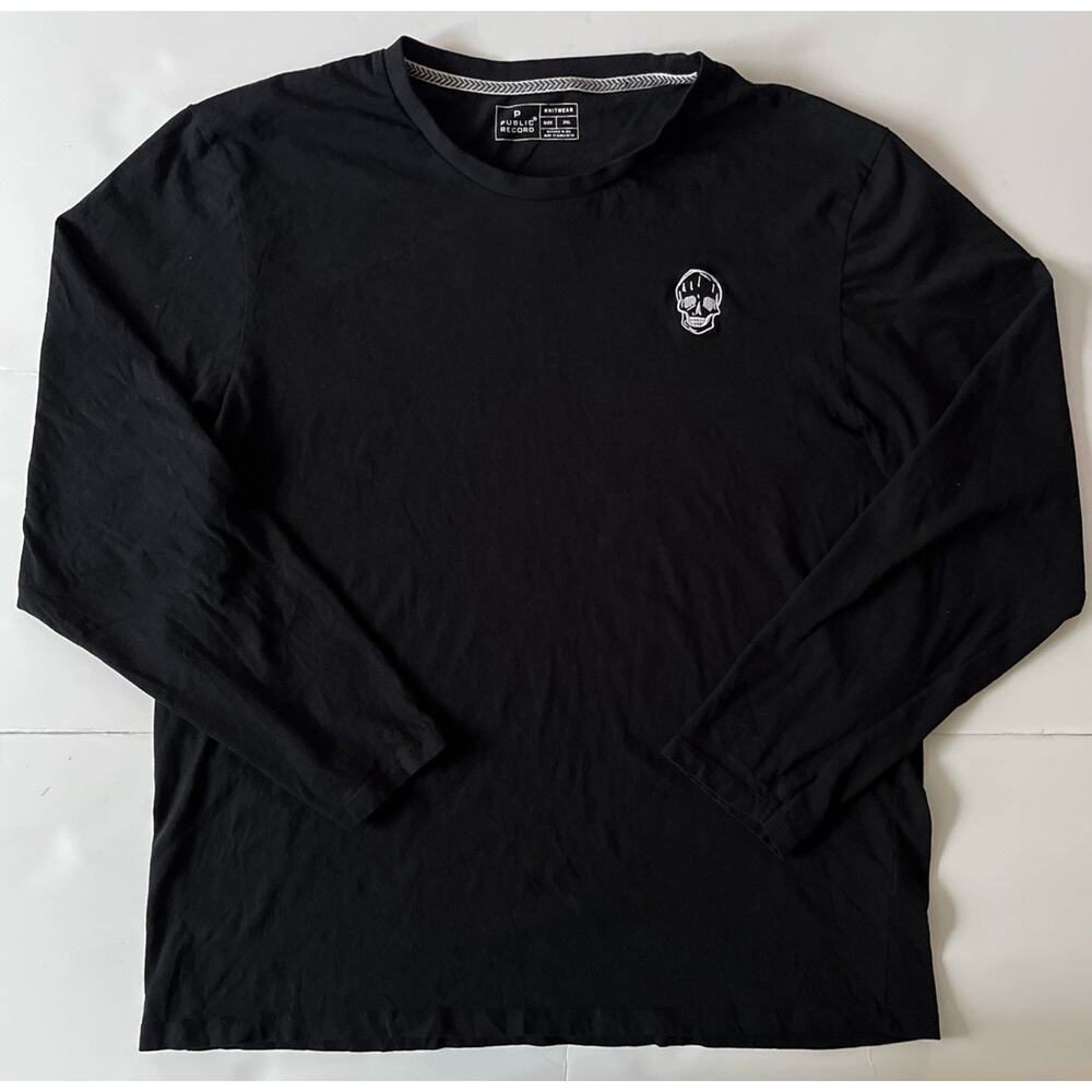 Public Record Skull Embroidered T-Shirt Men 3XL Black Long Sleeves Stretchy